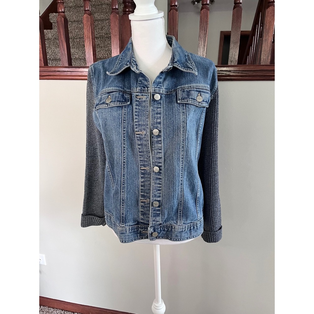 Relativity Womens Denim Jacket Knit Sweater Sleeves Blue Jean Trucker Large L